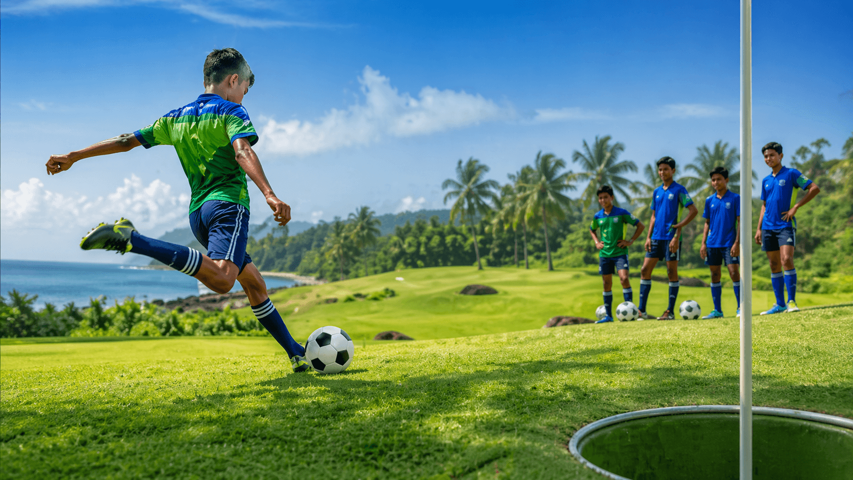 FootGolf player kicking on a course